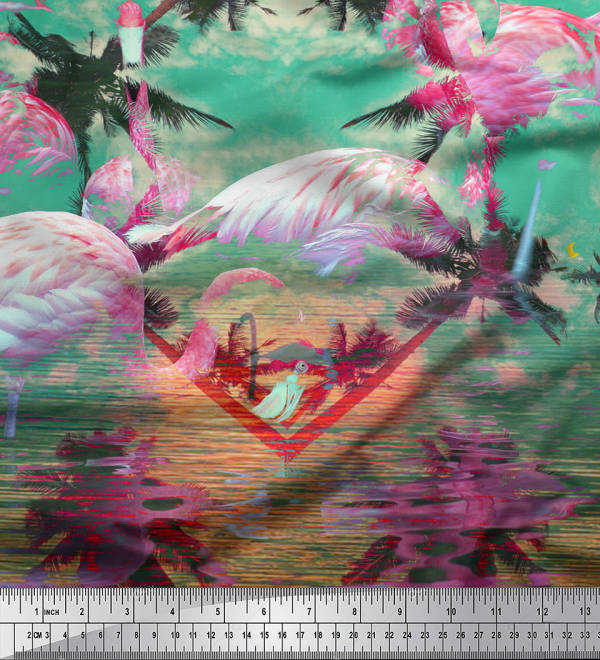 Soimoi Японский креп-сатин Пальма | Ткань с принтом в виде панно и фламинго 1 метр 42 дюйма