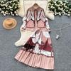 Spring Summer Brand Designer Vintage Print Runway 2 Piece Set Women's Lapel Shirt + Long Maxi Skirt Office Party Suits