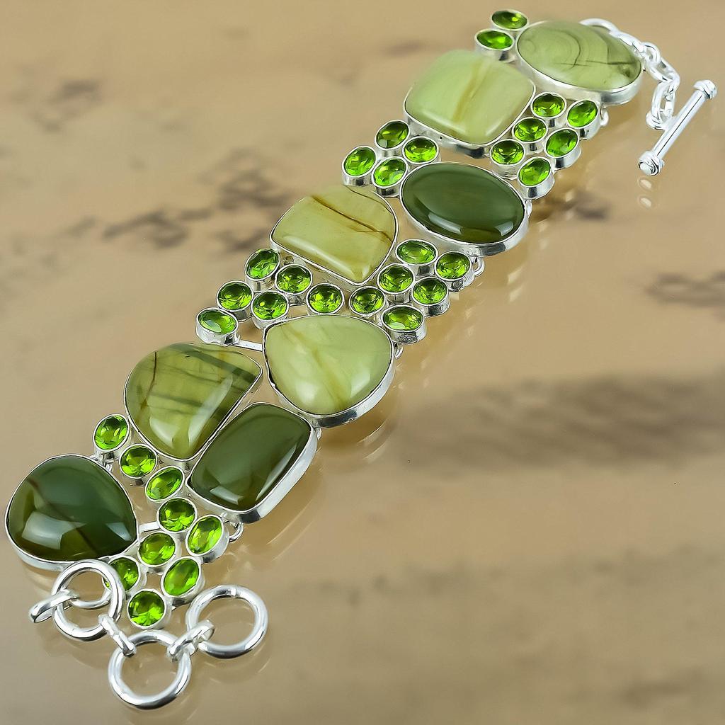 Natural Polychrome Jasper 925 Silver Chain Adjustable Bracelet For Women