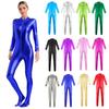 Womens Metallic Shiny Zentai Jumpsuit Mock Neck Long Sleeve Front Zipper Full Body Unitard Tights for Dance Performance