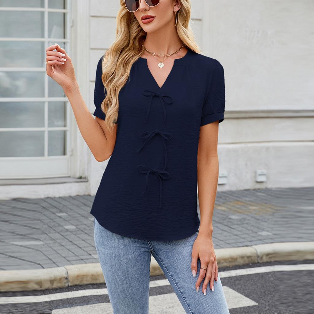 Весна и лето Новая однотонная футболка с короткими рукавами и бантом, модная футболка с V-образным вырезом для женщин