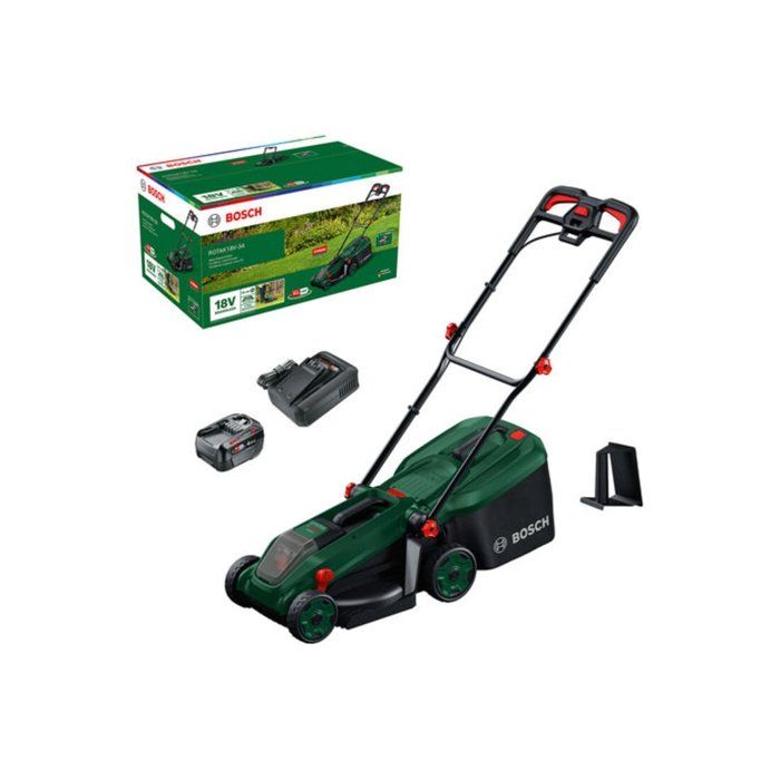 Tondeuse Rotak 18V-34 avec 1 batterie 18V 4.0Ah et 1 chargeur dans une boite carton