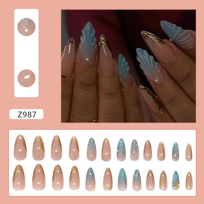 Medium and long almond nail gradual change blue three-dimensional shell starfish pearl temperament, wind removable nail piece 24