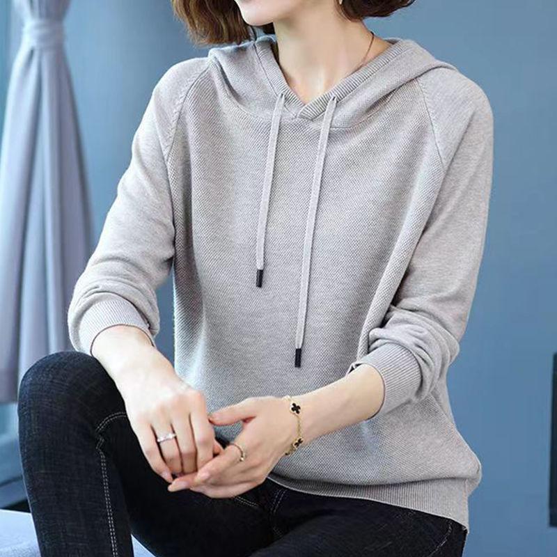 Women Sweater Korean Sleeved Long Loose Hooded Sleeved Sweater Bottoming Early Autumn Sweater Pullover Female