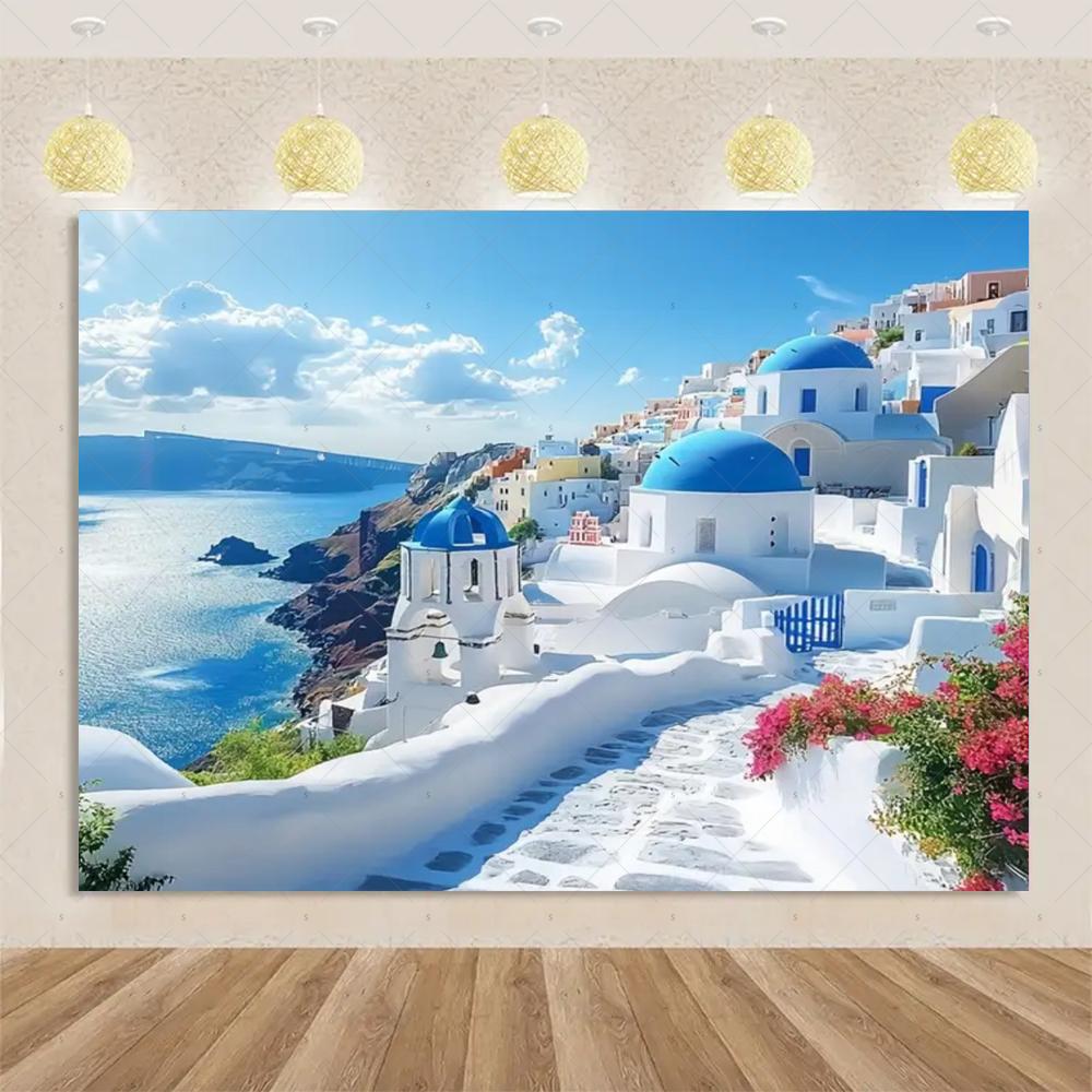 Nordic Greek Landscape Home Party Decorations Santorini Island Town Blue Dome Church Santorini Aegean Sea Photography Backdrop