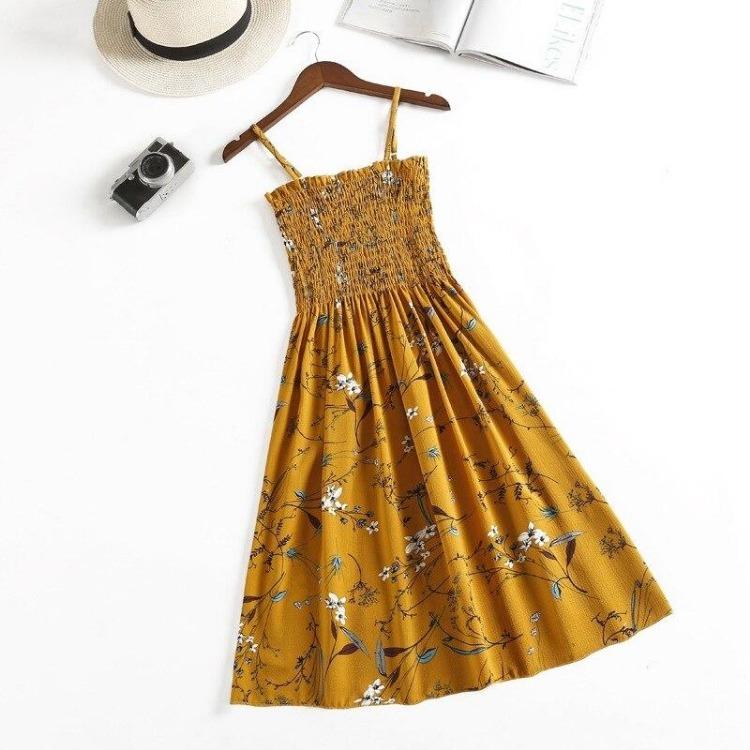 2023 Summer Floral Printed Chiffon Mini Dress Women Casual Fashion Spaghetti Strap Sleeveless Elastic High Waist Dress