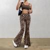 Womens High-Waist Knit Flare Pants With Leopard Print Stretch Waistband Casual Sexy Slim Fit Trousers