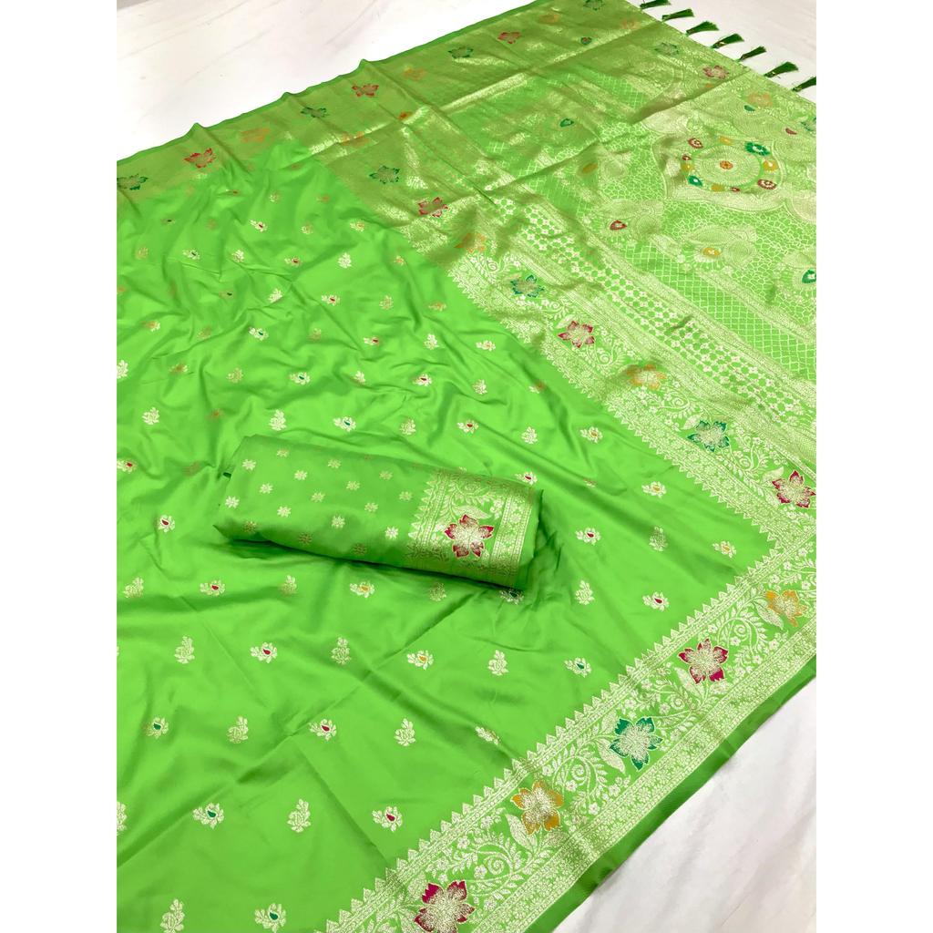 Soft Banarasi Silk Saree with Zari Weaving Meenakari Touchup Design All Over the Saree