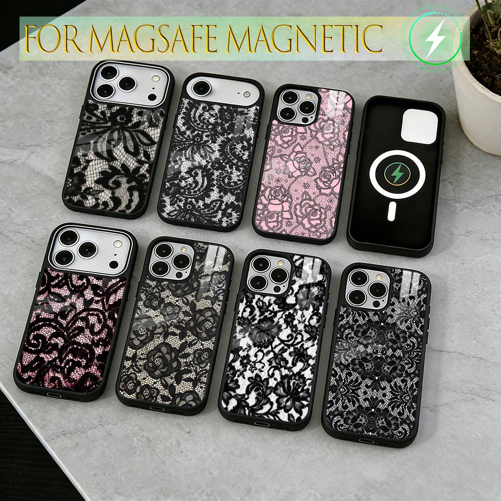 Винтажный Кружевной Чехол Для Телефона Для iPhone17,16,15,14,13,12,11 Plus,Pro Магнитный Для Magsafe Беспроводной Зарядки