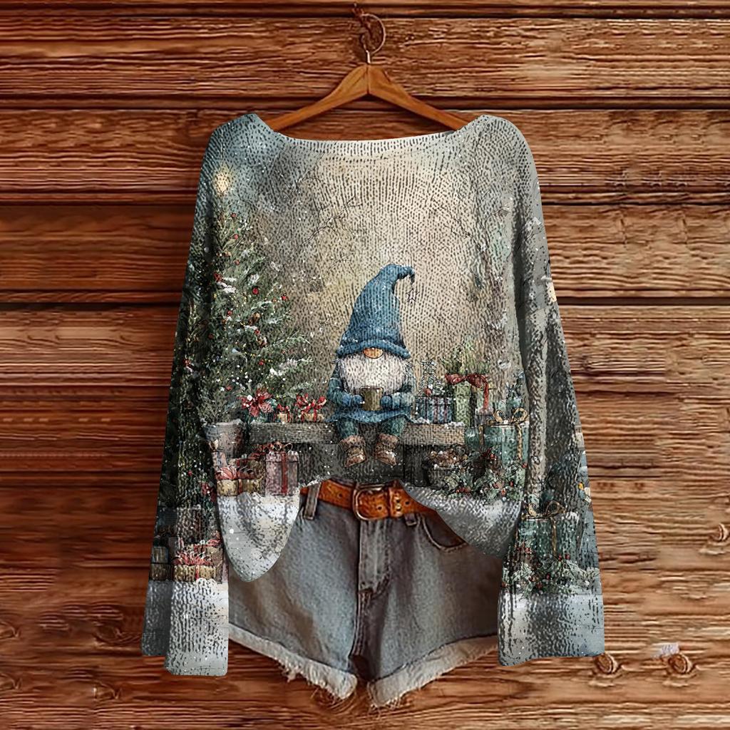 Women's Christmas Print Lightweight Sweater Casual Long Sleeve Knitted Pullover