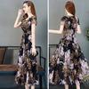 Summer Women Dress Floral Print A-line Big Hem High Waist Short Sleeves Round Neck Pleated Mid-calf Length Formal Party Commute Midi Dress