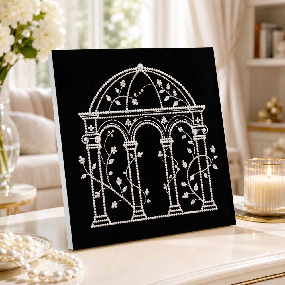 DIY Pearl Diamond Painting Set with Frame Elegant Garden Gazebo 3D Pearl Beads. Home Wall Decor