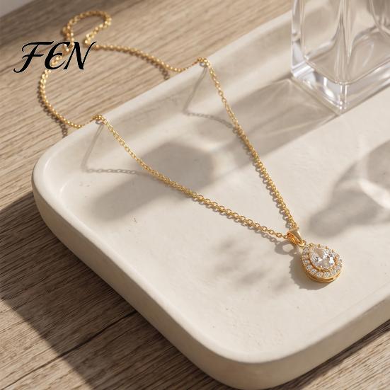 Sparkling Teardrop Necklace Water Drop for Women, Cubic Zirconia Rhinestone Polished Alloy Statement Piece Pendant, Jewelry Cocktail Party Adjustable