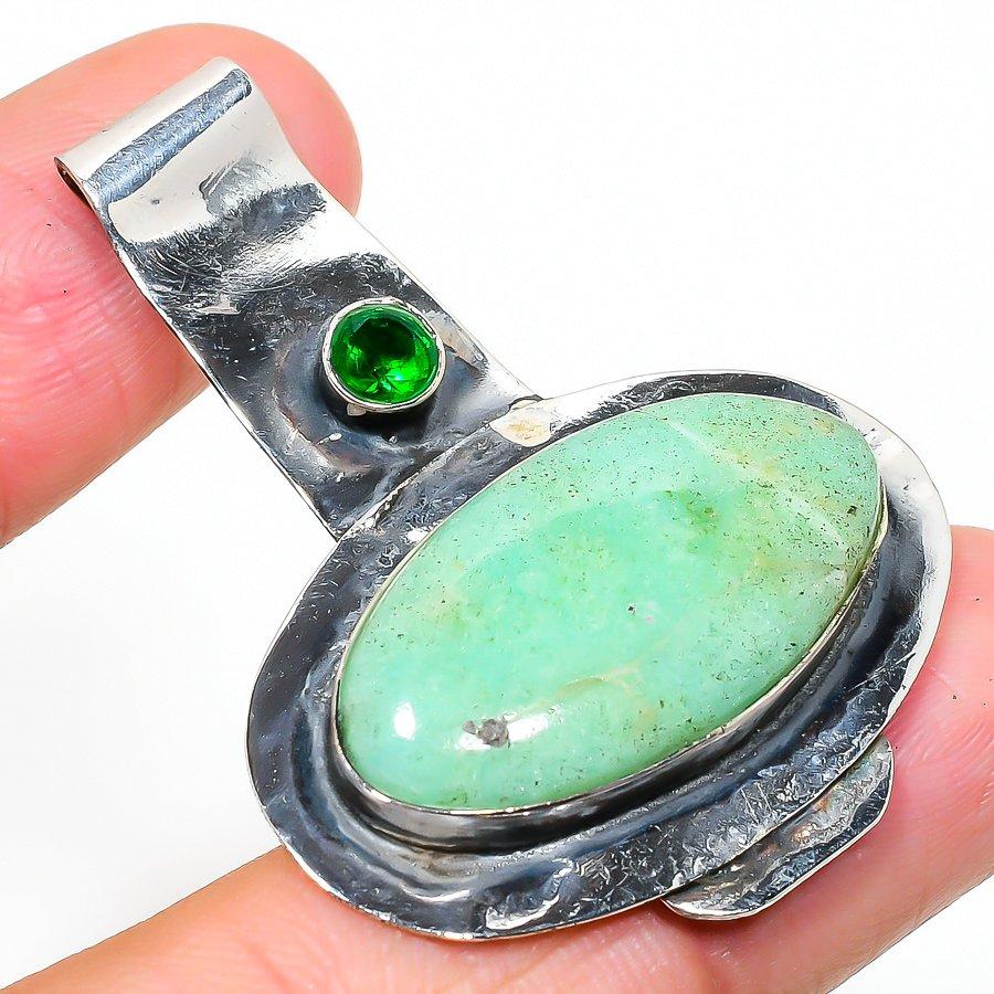 Natural Chrysoprase, Diopside Gemstone 925 Sterling Silver Pendant 1.97" MP-755