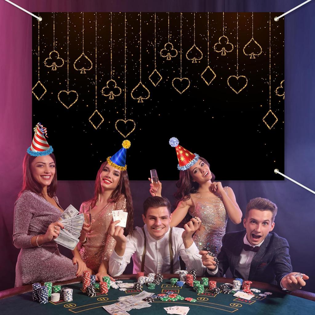 Poker Black Golden Sparkle Photography Background Playing Cards Shining Backdrop Banner for Boy Girl Casino Night Party