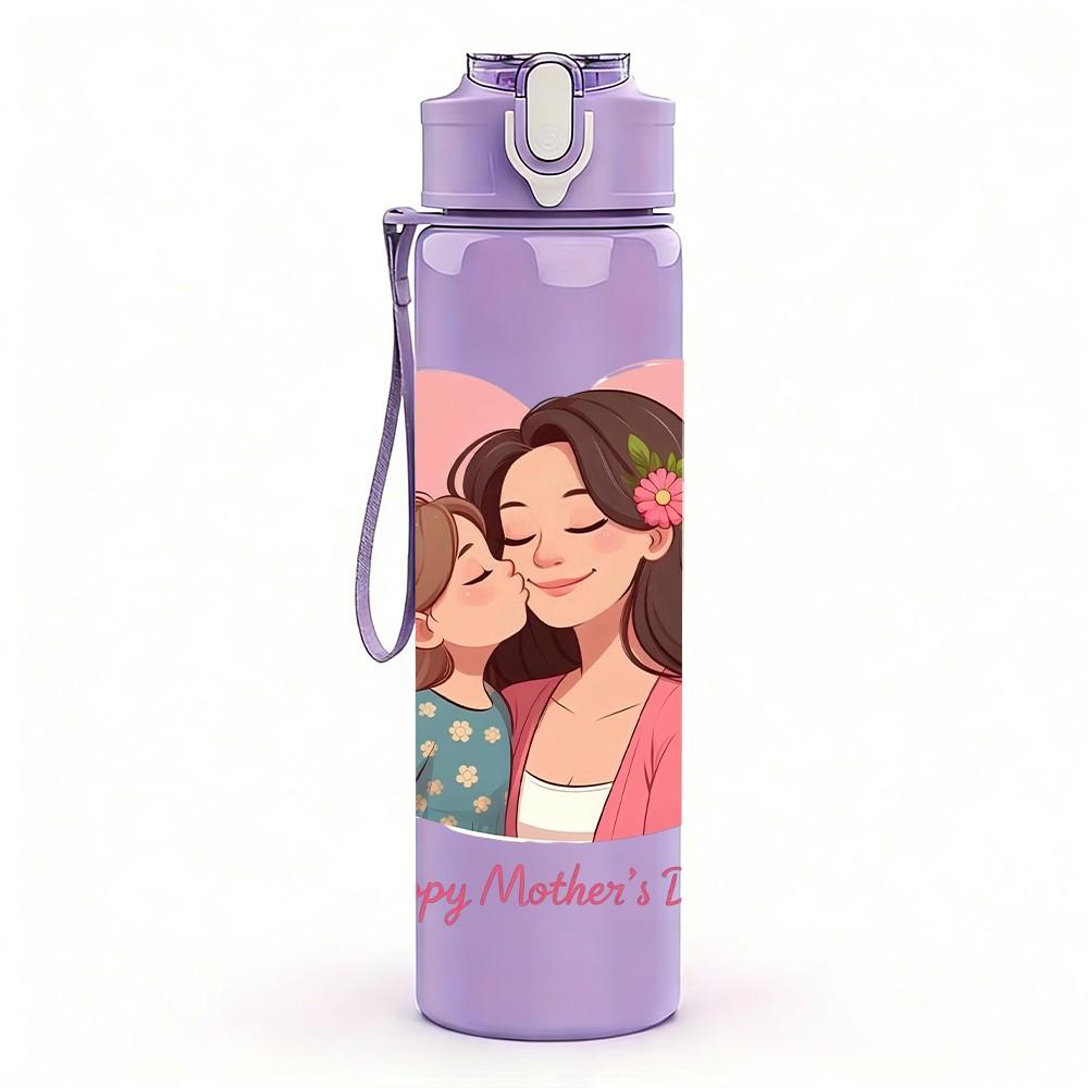 1PC Happy Mothers Day Heart Family Pattern 750ml Color Plastic Sports Water Bottle Leakproof Flip Straw Lid Suitable for Sports Office Home Use