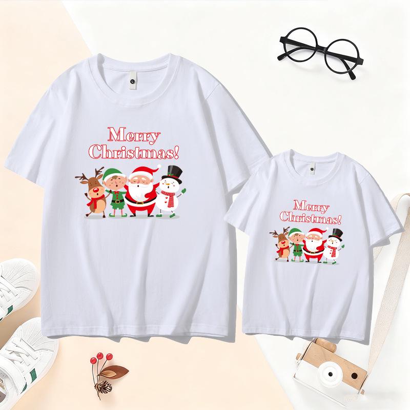 2026 Christmas Parent-Child T-Shirt - Santa & Reindeer Design for Families of 3-4, Pure Cotton, Short-Sleeve