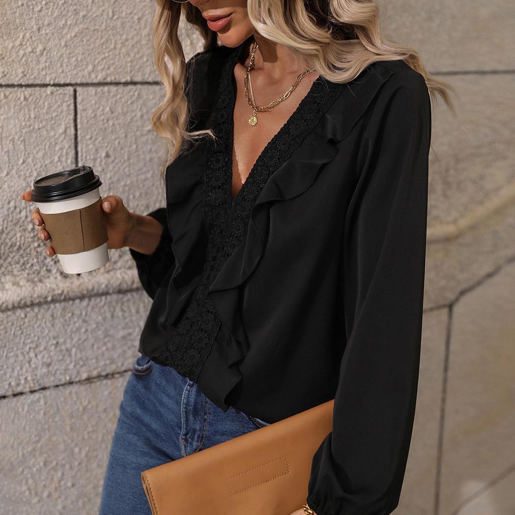 Women’s Summer Ruffled Lace Deep V-neck Shirt Long Lantern Sleeve Loose Shirt Solid Slim Casual Commute T-shirt Fashion Breathable Comfortable Top