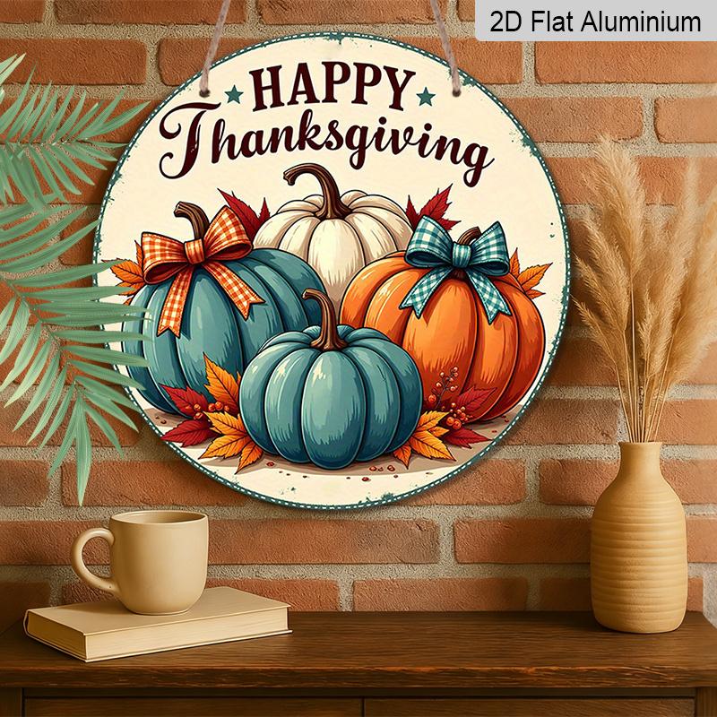 2D Flat, 1pc Decorative Signs And Plaques Featuring a Round Metal Wall Art for Thanksgiving, Designed with a Pumpkin Feast Theme. This Aluminum Sign