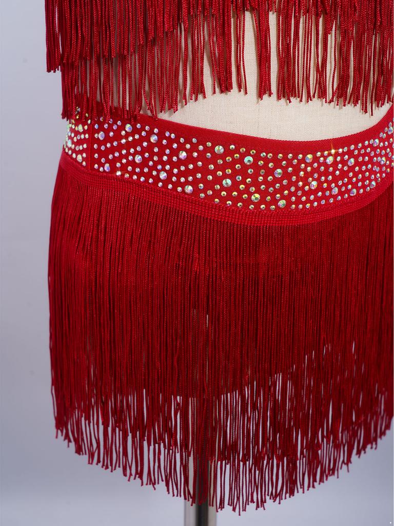Girls Tassel Latin Dance Dress Asymmetrical Fringe Shiny Rhinestones Cutout Stage Performance Costume