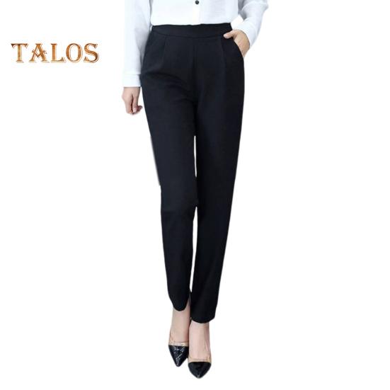 Women Pants Elastic High Waist Solid Color Slim Fit Trousers with Pockets Casual Commuting Style Office Lady Pants