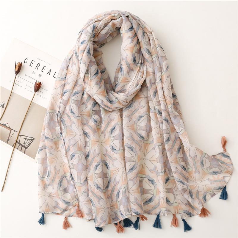 Spain Lovely Polka Floral Line Tassel Viscose Shawl Scarf Lady High Quality Wrap Thin Pashmina Stole Muslim Hijab 180*90Cm