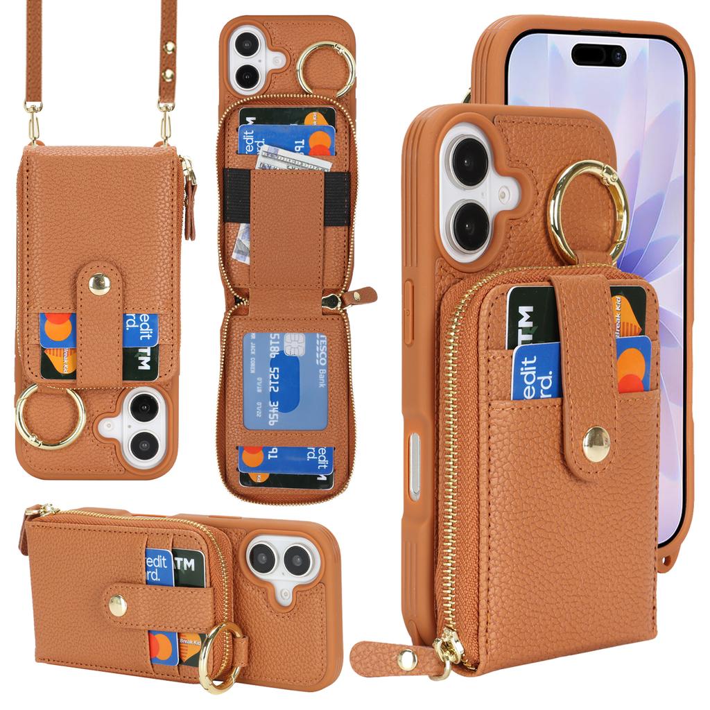 Чехол для iPhone 17 с карманом на молнии / Кольцом-подставкой / Ремешком Текстура личи PU + TPU Чехол для телефона