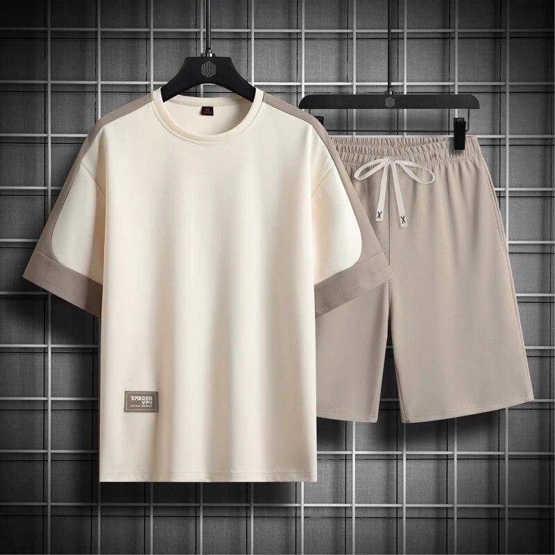 Летние черно-белые спортивные костюмы для мужчин, футболка с рукавами + шорты, спортивная одежда, спортивный костюм