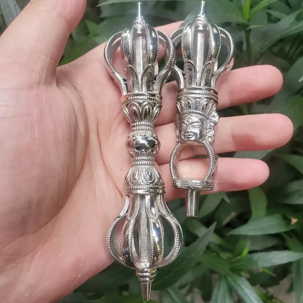 1PCS Craftsmanship Tibetan White Copper Diamond Bell and Pestle Precision Nine Leg Bell Feng Shui Ornament