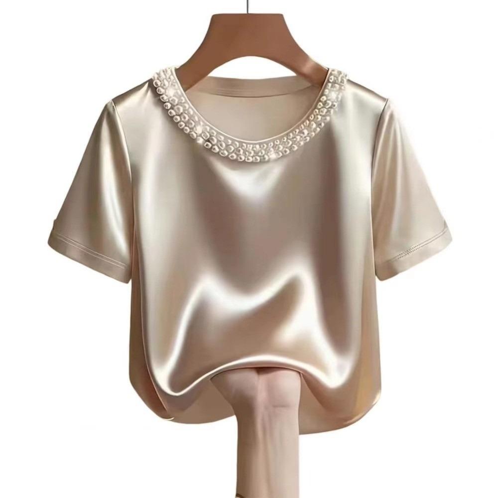 French Style Satin Silk T-Shirt Loose Short Sleeve Top Business Casual Women's Tops  Ladies