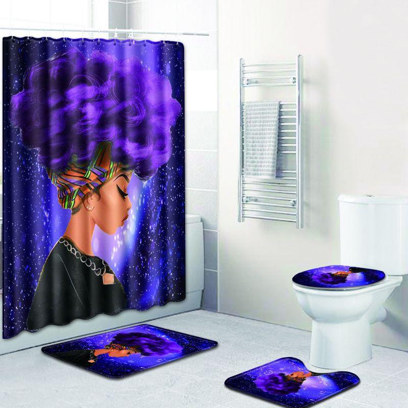 African Woman Digital Printing Creative Shower Curtain Floor Mat Set Bathroom Carpet