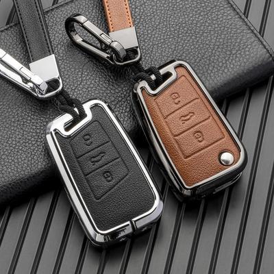Двусторонний кожаный чехол для ключей автомобиля Volkswagen/Skoda из цинкового сплава - Не блокирующий сигнал, Полностью закрывающий дизайн