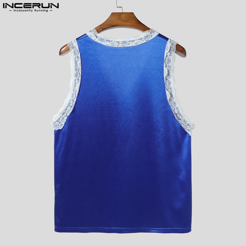 INCERUN Men V Neck Sleeveless Lace Hem Letter Casual Tank Tops Undershirts