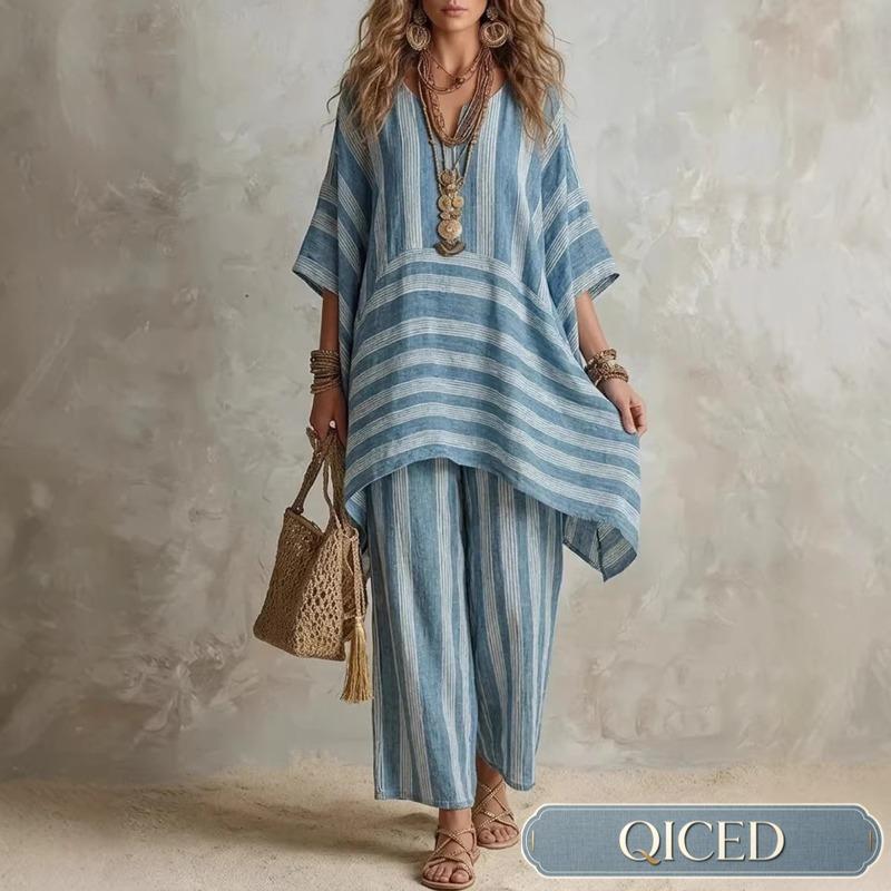 QICED Women's Fashion Casual 3/4 Sleeves V Neck Pants Suits Casual Chic