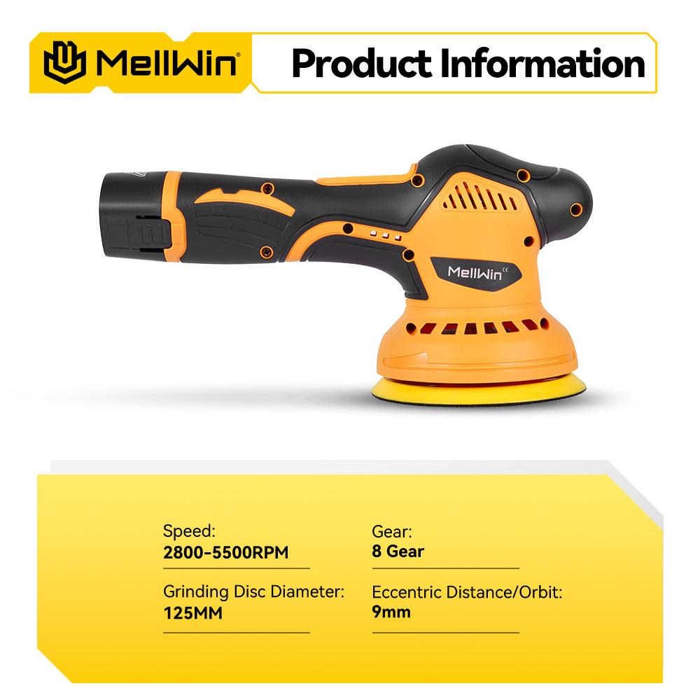 MELLWIN 125mm 8 Gears DigitalDisplay Cordless Electric Car Polisher Car Polishing Waxing Sanding Machine ForMakita 21V 18V Battery