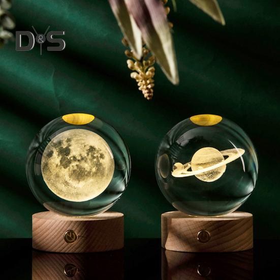 3D прозрачный шарообразный светильник, искусственный хрустальный шар, ночник с деревянной основой, работающий от USB, для декора спальни, гостиной