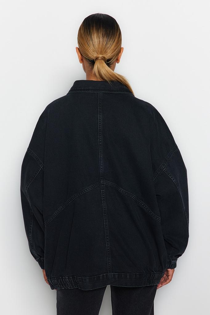 Women's Fashion New Jacket Black Pocket Detailed Oversize Denim Jacket