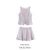 Kaslead New Women Clothes Western Style Fashion Tweed Sleeveless Vest Half-Length Short Dress Set