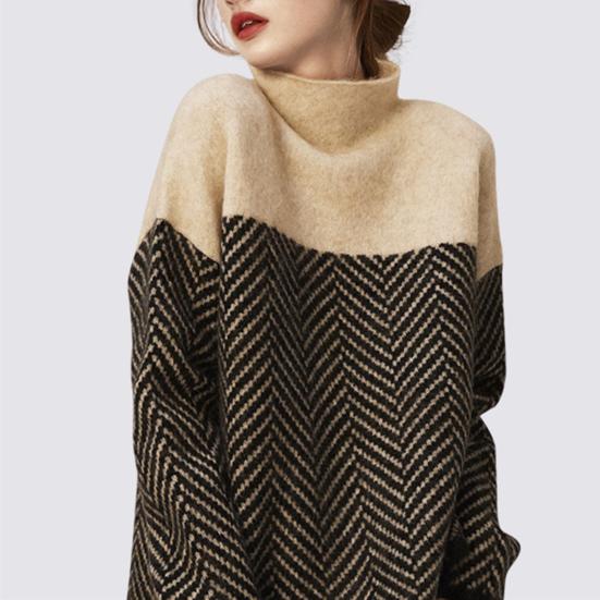 Women Sweater Half High Collar Long Sleeve Color-Blocked Loose Fit Knitting Top Autumn Winter Thick Warm Pullover Tops