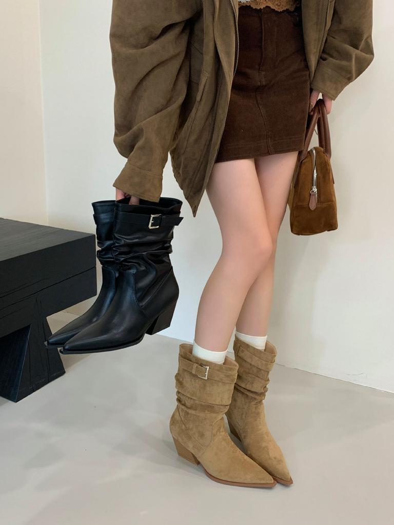 French Retro Pointed Suede Thick Heel Medium Boots Women's 2025 Autumn and Winter New Pleated Pile Boots Western Cowboy Boots