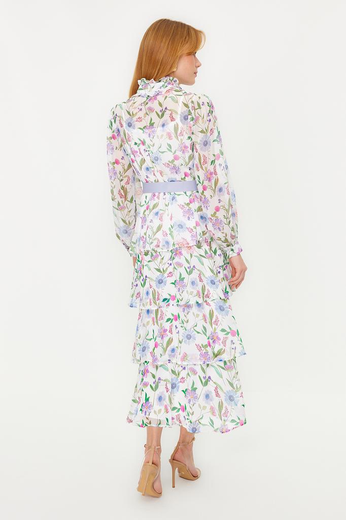 Women's Hijab Dress New Season Fashion Blue Belted Lined Chiffon Floral Woven Dress