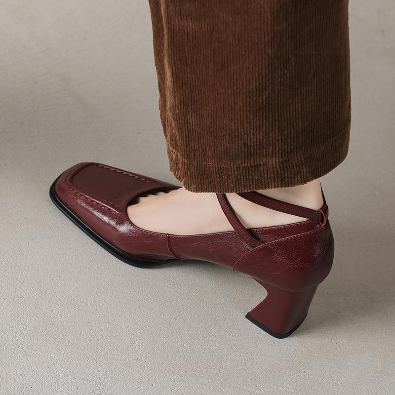 Мода 2025 Новые Весенние Туфли из Натуральной Кожи Повседневный Стиль Квадратный Носок Высокий Каблук Туфли-Лодочки Ремешок с Пряжкой Женская Обувь Модная Женская Обувь