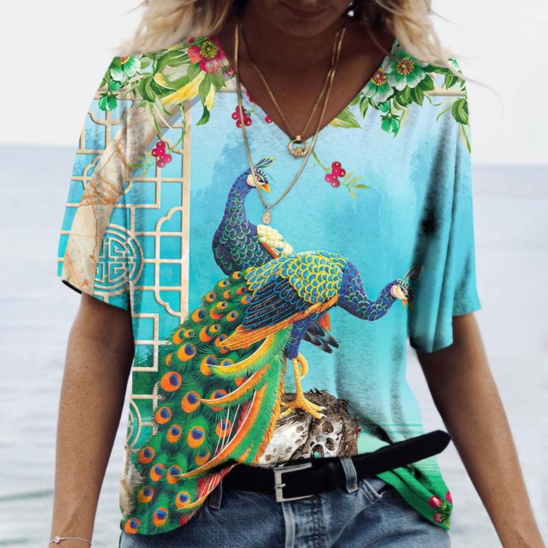 Роскошная женская футболка с рисунком павлина, летняя свободная женская одежда, большая блузка с v-образным вырезом, женские повседневные повседневные футболки с короткими рукавами