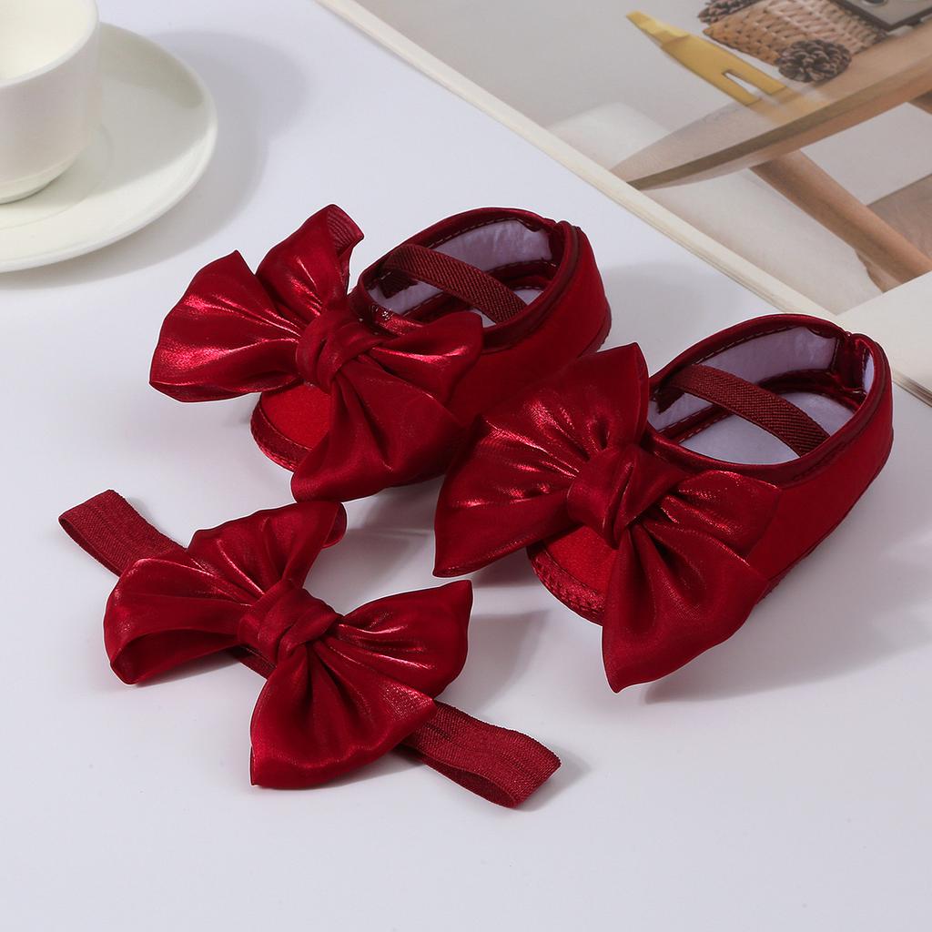 Туфельки для крещения для маленьких девочек с бантом и повязкой на голову, милые блестящие балетки и повязка для волос, мягкая подошва, детские первые шаги