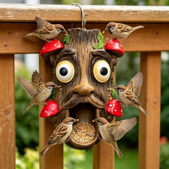 Tree Face Bird Feeder, Funny Tree Face Garden Sculpture, Outdoor Decorative Bird Feeder for Trees Fences Posts Walls
