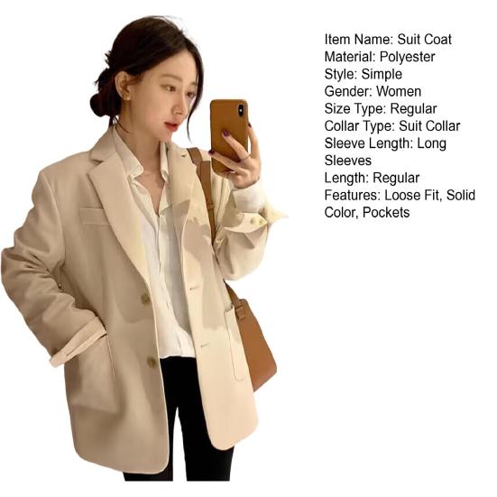 Women Suit Coat Lapel Long Sleeve Single Breasted Suit Jacket with Pockets Solid Color Loose Fit
