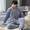 Winter Coral Velvet Three-ply Laminated Cotton Pajamas Men's Velvet Warm Home Suit Set