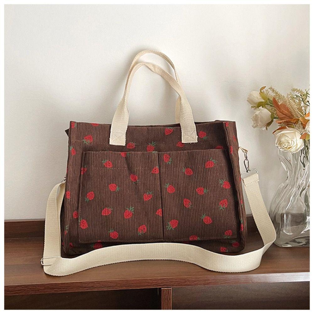 Printied Bow Tote Bag Cute Corduroy Handbag Sweet Travel Bag Travel