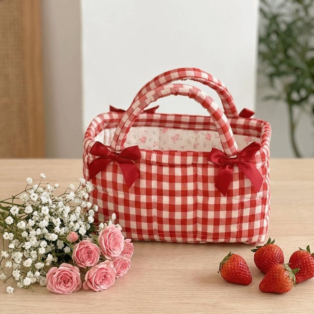 Bow Decor Picnic Bag Plaid Design Storage Basket French Style Fabric Organizer Daily