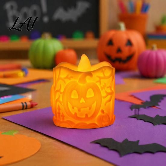 Vintage Style Pumpkin Lantern Halloween LED Candle Flameless Electronic Tealight Embossed Resin Lantern Warm Yellow Lamp Spooky Table Decor